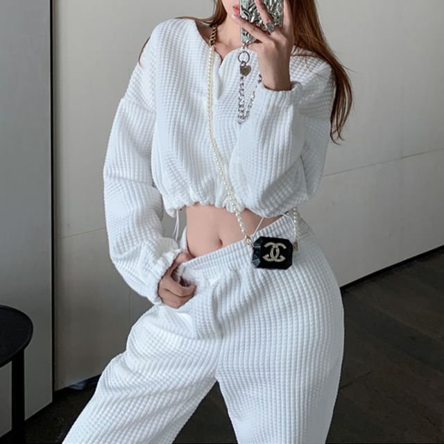 Essere-Set Ribbed Plain Crop Pullover Sweatpants