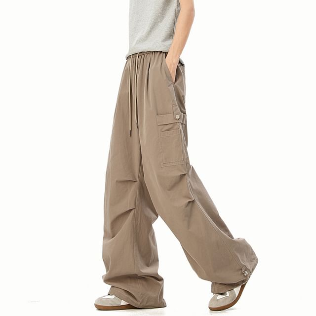 VEAZ-Drawstring Waist Plain Wide Leg Cargo Pants