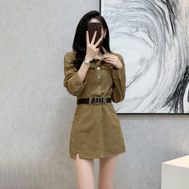 MAVIS - Long-Sleeve Collared Plain Button Mini A-Line Cargo Dress | YesStyle