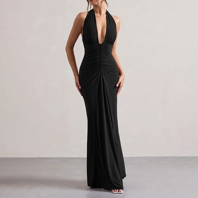 art deco beaded blouson dress with halter neckline 3D beaded front halter neck dress main image 1
