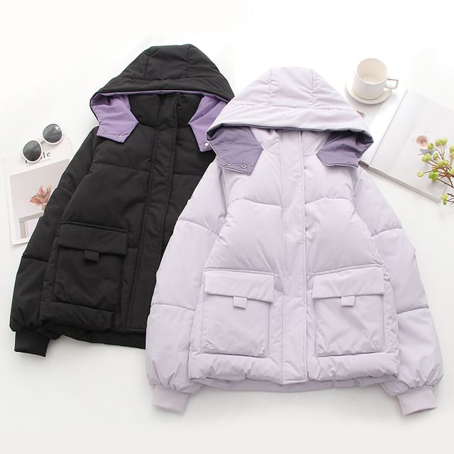 PANDAGO-Hooded Stand Collar Plain Puffer Jacket