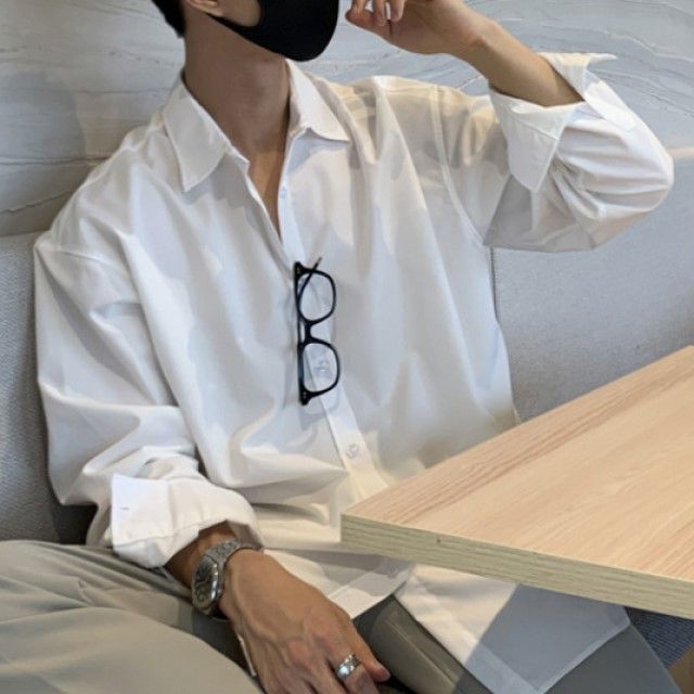 GRAYCIOUS-Long-Sleeve Collared Plain Shirt