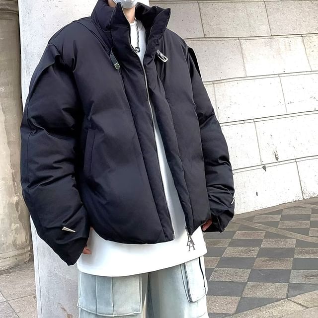 DuckleBeam-Stand Collar Plain Buckled Zip-Up Puffer Jacket