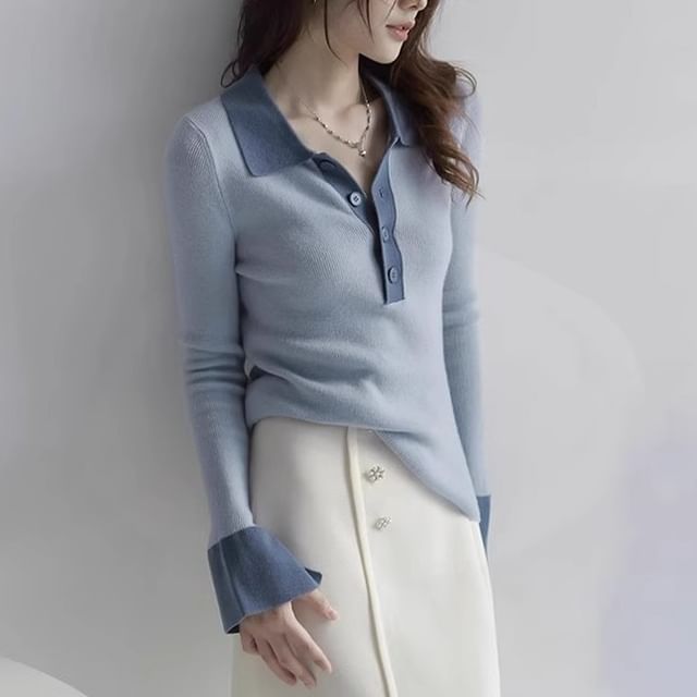 Faiar-Long-Sleeve Collared Contrast Trim Knit Top