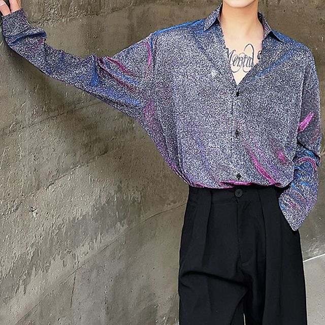 Omozando-Long-Sleeve Collared Glitter Shirt