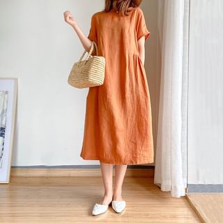INEN Short-Sleeve Round Neck Plain Midi A-Line Dress Sale