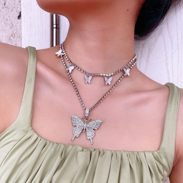 Women Rhinestone Butterfly Necklace Cuban Link Hip Hop Jewelry Chain Choker  Gift | eBay