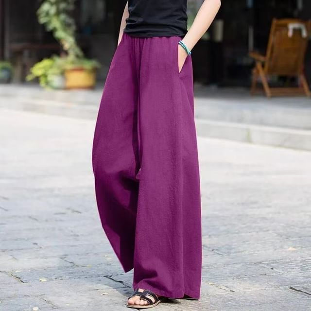 INEN-Elastic Waist Plain Wide Leg Pants