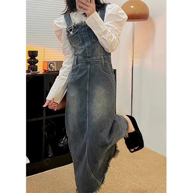 Vaolve - Washed Denim Midi Pinafore Dress | YesStyle