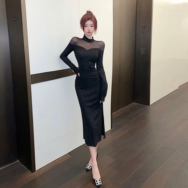 Yilda - Long-Sleeve High Neck Glitter Mesh Panel Midi Bodycon Dress | YesStyle Yilda - Long-Sleeve High Neck Glitter Mesh Panel Midi Bodycon Dress | YesStyle