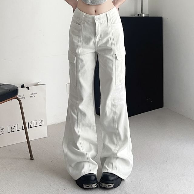 Porstina-Mid Rise Plain Flared Cargo Pants