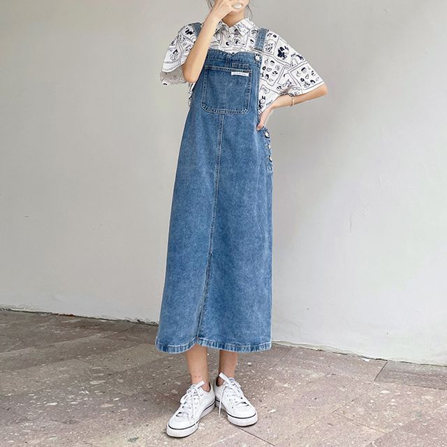 Traxola - Denim Midi Dungaree Dress / Short-Sleeve Cartoon Print Shirt /  Striped T-Shirt | YesStyle