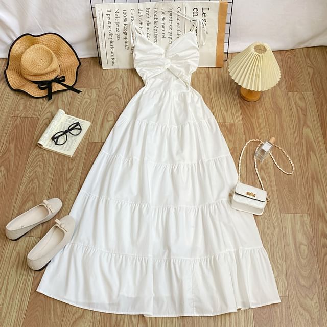 Iasia-Spaghetti Strap Plain Knot Cutout Maxi Sundress