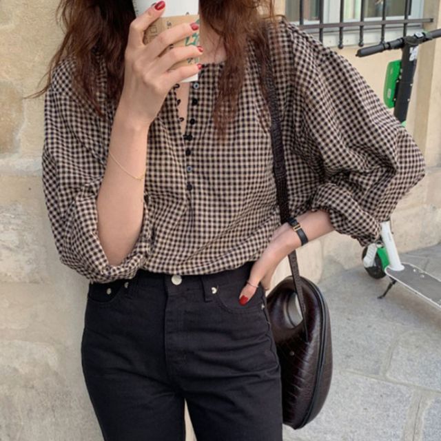Sienne-Long-Sleeve Round Neck Plaid Blouse