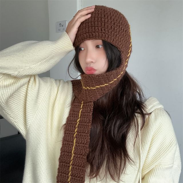 4-4 STUDIO-Contrast Stitching Scarfed Beanie