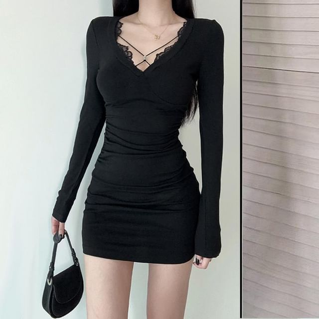 v neck plain bodycon dress Amazon.com: IHOT Bodycon Dresses for Women Elegant Sexy V Neck Ruched Wrap  Sheath Sleeveless Wedding Party Night Out Formal Cocktail Mini Dress to  Hide Tummy Black Small : Clothing, Shoes & Jewelry