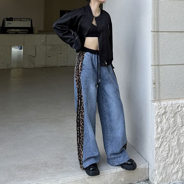 KUMI-Drawstring Waist Leopard Print Panel Washed Wide Leg Jeans
