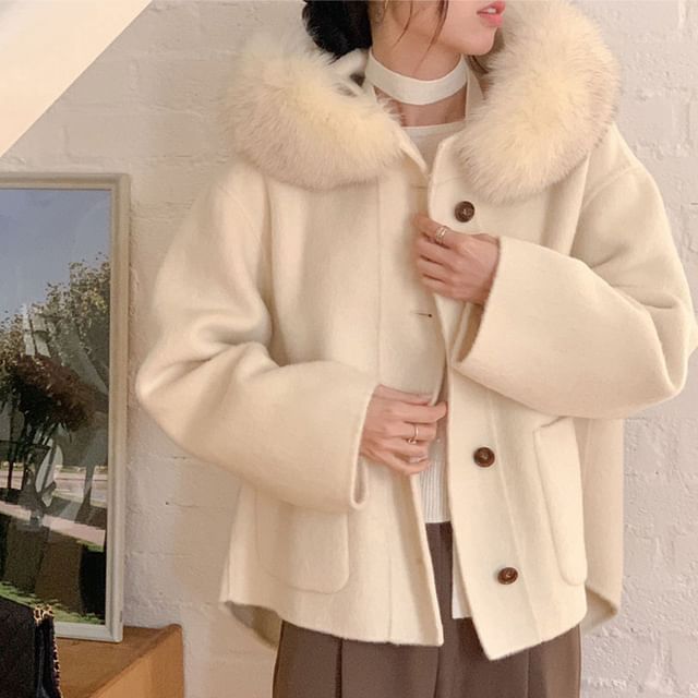 Jesong-Plain Fluffy Trim Hood Button Jacket