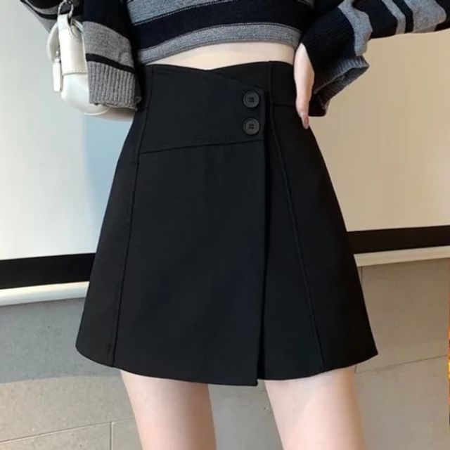 Sisyphi-High Waist Plain Asymmetrical Buttoned Mini A-Line Skort