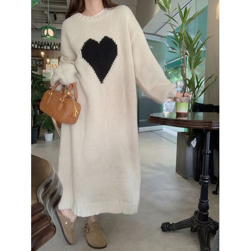 Alfie - Long-Sleeve Heart Print Loose-Fit Knit Dress | YesStyle