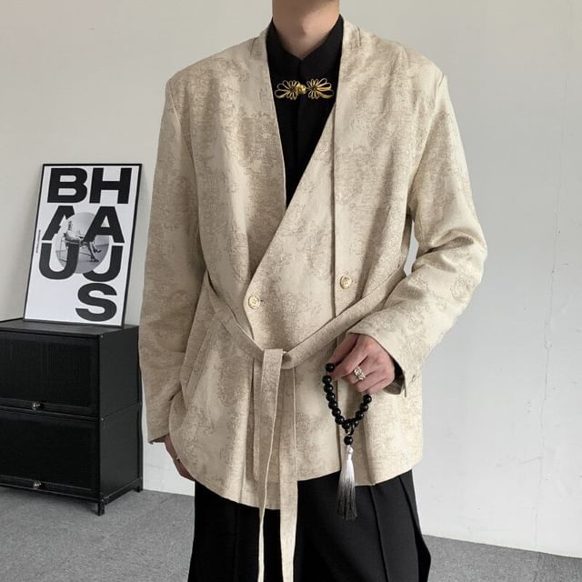 Orungeetun-V-Neck Panel Double Breasted Blazer