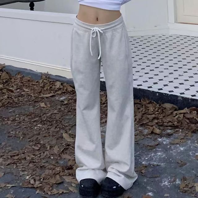Everose-Drawstring Waist Plain Wide Leg Sweatpants