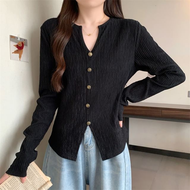 Cossita-Long-Sleeve V-Neck Plain Ribbed Top