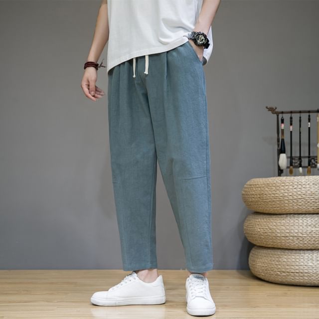YIKES-Drawstring Waist Plain Cropped Tapered Pants