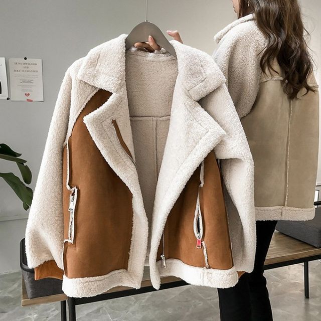 INEN-Collared Faux Shearling Zip Biker Jacket