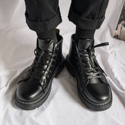 Lazi Boi - Plain Faux Leather Lace-Up Short Boots Lazi Boi - Plain Faux Leather Lace-Up Short Boots
