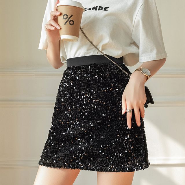 Everose-High Waist Plain Sequin Mini Skort