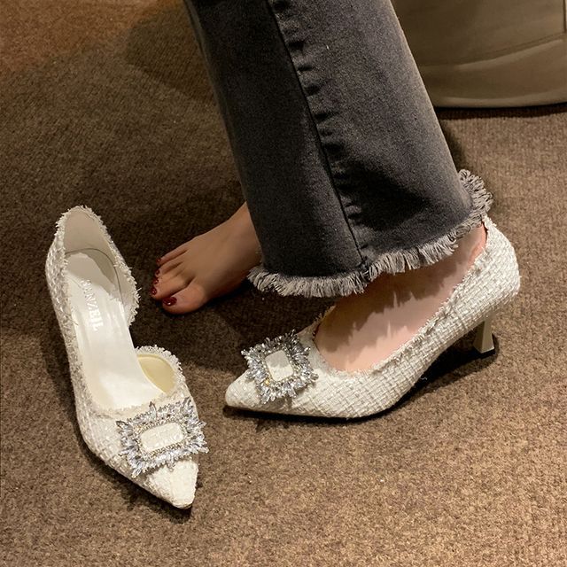 clog wings High Heel Tweed Pointy Pumps YesStyle