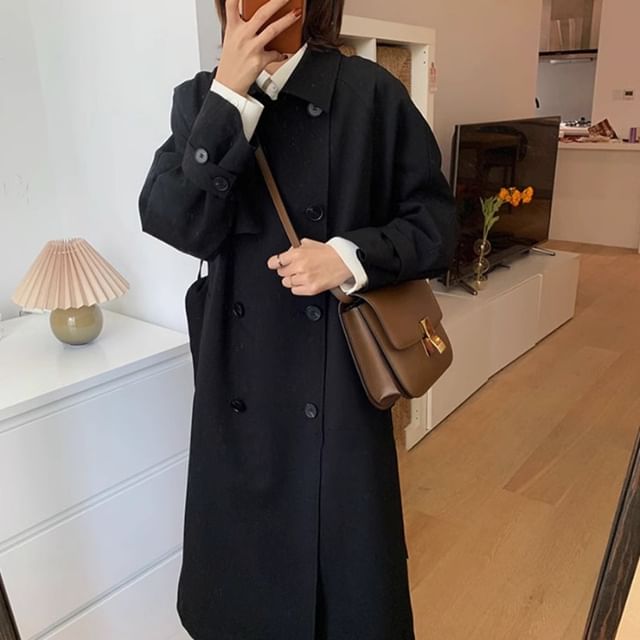 Shinobu-Collar Plain Midi Double-Breasted Trench Coat