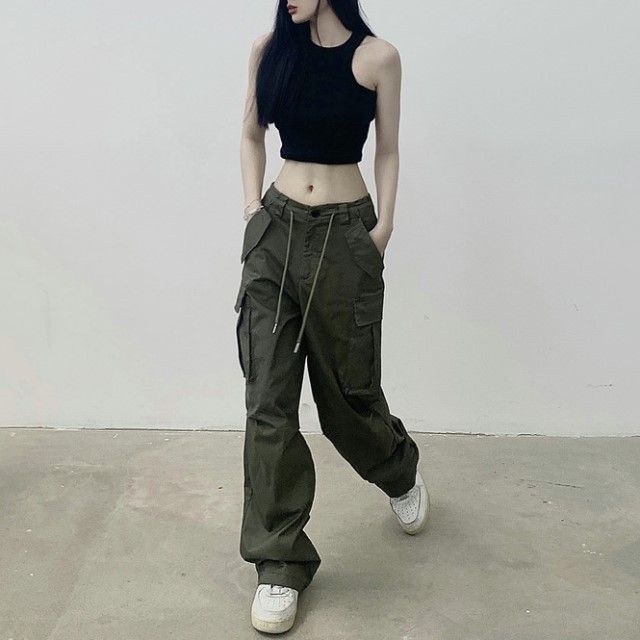 Chisan - Sleeveless Crew Neck Crop Top / Low Rise Wide Leg Cargo Pants ...