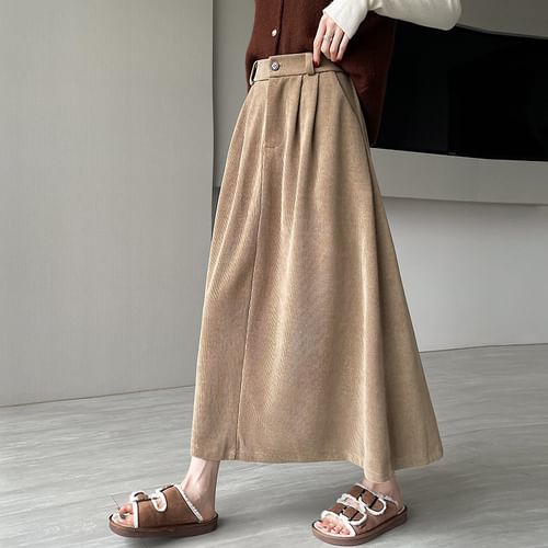 Odestra - High Waist Plain Pleated Corduroy Midi A-Line