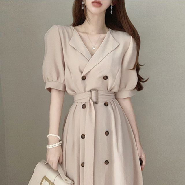 Coris-Double-Breasted Puff-Sleeve Midi A-Line Dress