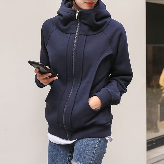 Lewwe-Turtleneck Plain Zip Up Hoodie
