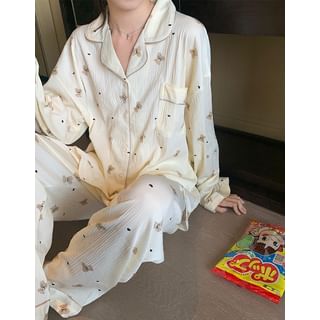 PajamaSet:Long-SleeveBearPrintTop+Pants