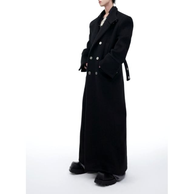 kooklay-Stand Collar Plain Maxi Double-Breasted Coat