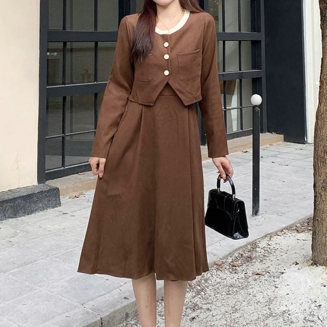 Cloud Nine - Set: Spaghetti Strap Plain Corduroy Midi A-Line Dress + Round  Neck Contrast Trim Button Jacket | YesStyle