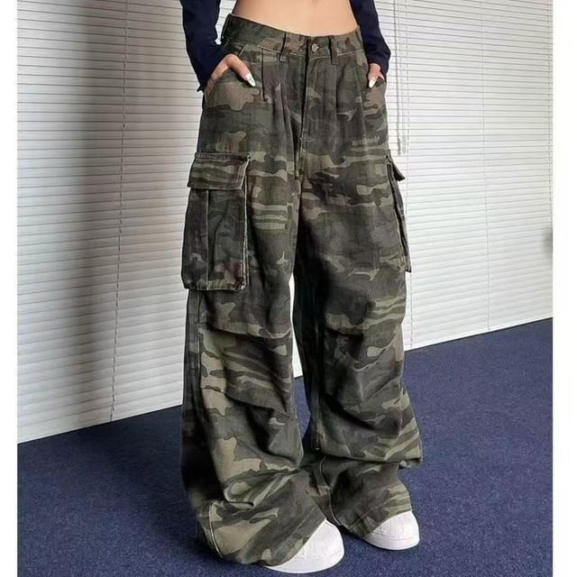 Sosana-Pantalon cargo taille basse ample à motif camouflage