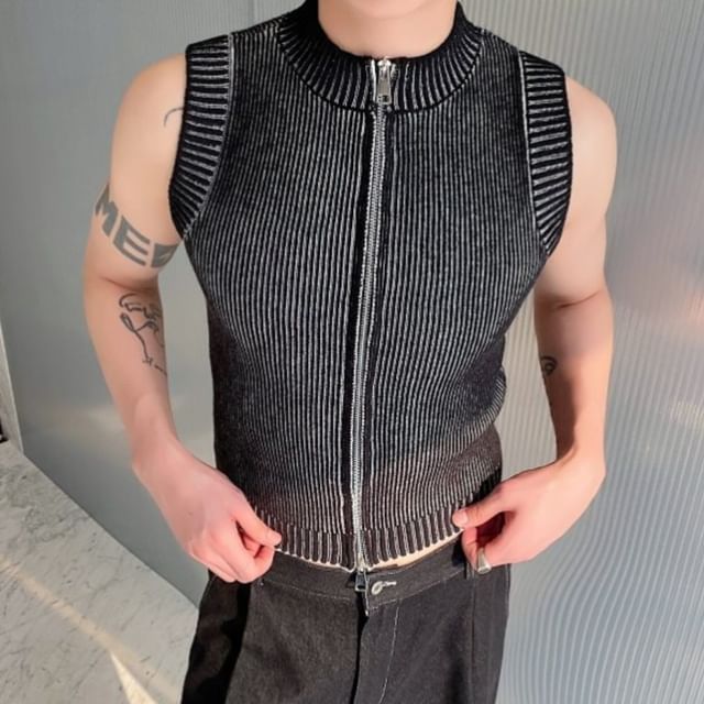 Freehop-Sleeveless Crew Neck Zip Ribbed Knit Top