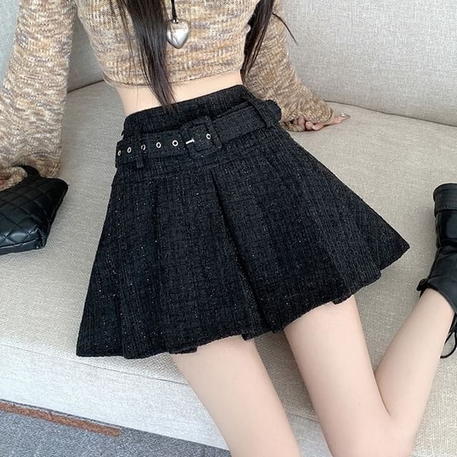 Magimomo - High Waist Pleated Belted Tweed Mini A-Line Skirt