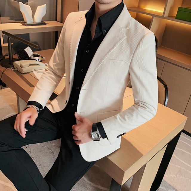 Lefitt-Peak Lapel Plain Corduroy Double Breasted Blazer