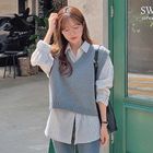 Saccharine - Long-Sleeve Striped Shirt / V-Neck Plain Knit Vest