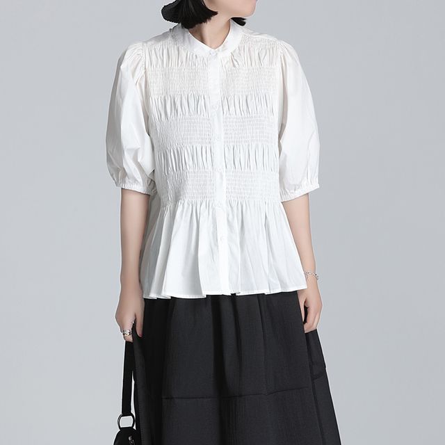 SIMPLE BLACK-Puff-Sleeve Plain Shirred Blouse