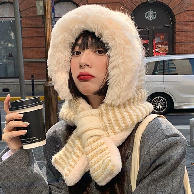 Pompabee-Fluffy Trim Hooded Knit Scarf