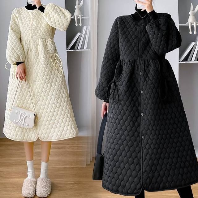 Lewwe-Collared Quilted Button-Up Quilted Long Coat