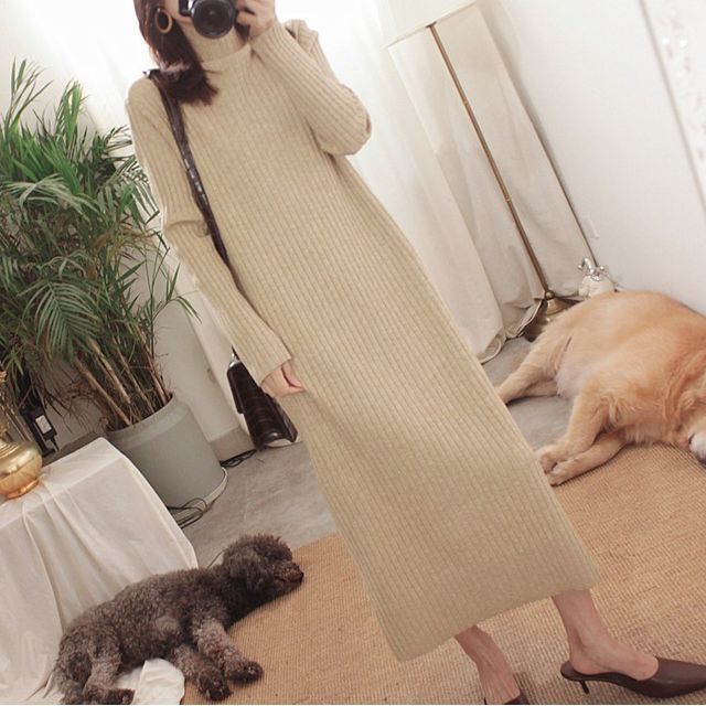 Smiler - Long-Sleeve Mock Neck Plain Ribbed Knit Midi Shift Dress | YesStyle