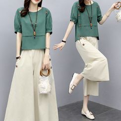 Lewwe - Set: Short-Sleeve Top + Wide-Leg Pants Lewwe - Set: Short-Sleeve Top + Wide-Leg Pants